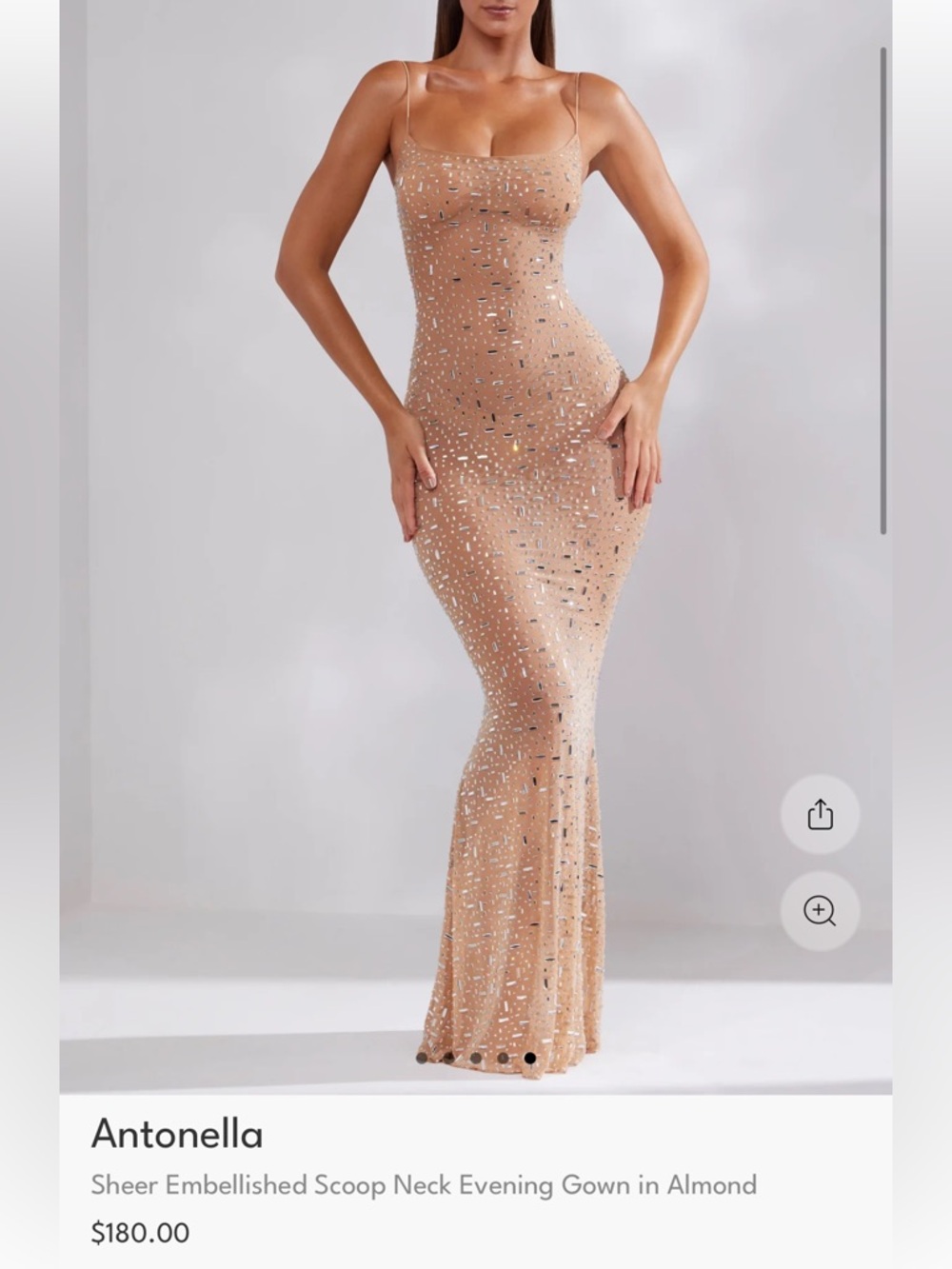 Oh Polly Almond Sheer Embellished Scoop Neck Evening Gown